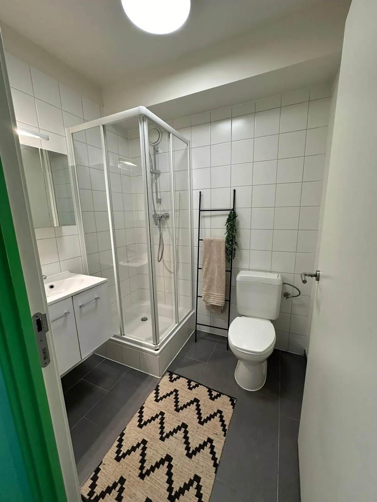 Eigen badkamer met douchecabine, toilet en wastafel met spiegel
